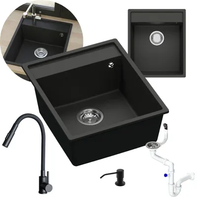 Produktbild von GRANMASTER Magma Granitspülbecken Komplett-Set Schwarzer Edelstahl-Armatur, Siphon, Seifenspender – 1-komoriger Spülbecken kratzfest hitzebeständig
