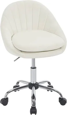 A beige velvet office chair with a chrome base and wheels.