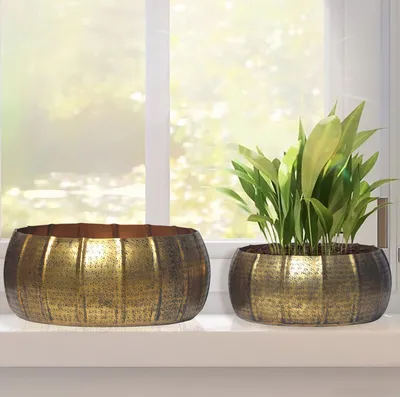 Zdjęcie produktu dla Sadzarka Zestaw 2 doniczek FineBuy Metal Bowl Dekoracyjna doniczka okrągła z młotkowanym wykończeniem