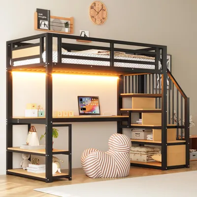 Image de Lit superposé Merax, lit mezzanine 90 × 200 cm avec éclairage LED et escalier avec rangements, lit d'enfant avec prise électrique et barrière de sécurité, lit en métal avec étagères et table, noir