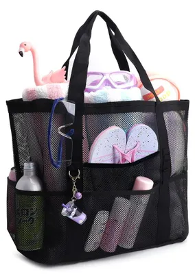 Faltbare Strandtasche aus Netzstoff, 43x20x39 cm, schwarz