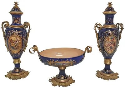 Produktbild von Casa Padrino Barock Deko Keramik Vasen Set mit Schale Blau / Mehrfarbig / Messing - Prunkvolle Deko im Barockstil - Barock Deko Accessoires - Barock Möbel - Edel & Prunkvoll