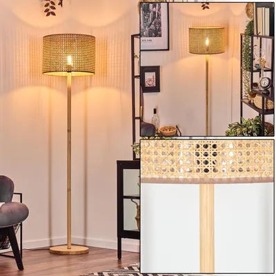 Produktbild von Varoni Stehlampe mit Holzfuß und Schirm aus Rattan/Wienergeflecht