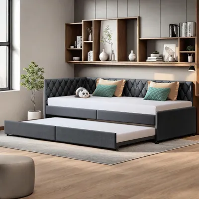 Zdjęcie produktu dla UnboxG rozkładana sofa wielofunkcyjna 90x200 cm z wysuwanym łóżkiem z listwowym stelażem, łóżko młodzieżowe, łóżko dziecięce, łóżko dla gości, łóżko dzienne wykonane z aksamitnej tkaniny, stabilne i oszczędzające miejsce, szare