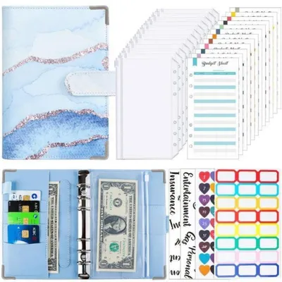 Image de Carnet de planification budgétaire format A6 avec pochettes pour l'argent, en cuir synthétique, couleur bleu aquarelle