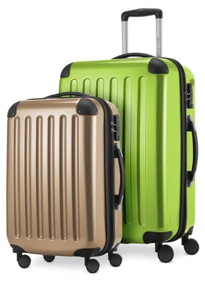 Produktbild von Alex - 2er Set Handgepäck + Mittelgroßer Koffer, Kofferset Resekofffer Trolleys Hartschale Polycarbonat glänzend,Apfelgrün-Champagner