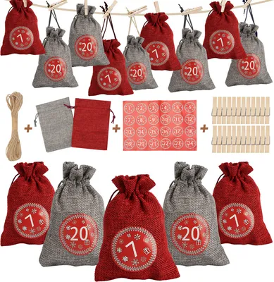 Produktbild von Jopassy 24 Adventskalender zum Befüllen, Adventskalender Stoffbeutel Säckchen mit 1-24 Sackleinen Taschen Jutesäckchen,Rot/Grau
