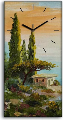 Produktbild von Dekor Leinwand Uhr Wandbilder 30x60 Ölgemälde Bäume Küste Himmel Sonnenuntergang - schwarze Hände