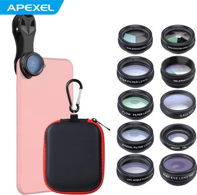 Produktbild von APEXEL 10-in-1-Telefonkamera-Objektiv-Kit mit 0,63-fachem Weitwinkel + 15-fachem Makro + 198 ¡ã Fisheye + 2-fachem Tele + CPL + Sternfilter + Radialfilter + Durchflussfilter + Kaleidoskop 3 + Kaleidoskop 6 Kompatibel mit Android ios