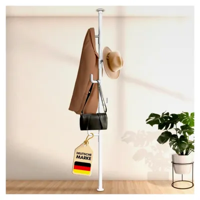 Produktbild von Ausziehbarer Garderobenständer mit 5 Haken [weiß, 110-310cm] – Stabiler Teleskop-Kleiderständer – Platzsparende Garderobe aus Metall – Herrendiener für das Schlafzimmer – Flurgarderobe – Wäscheständer für den Balkon