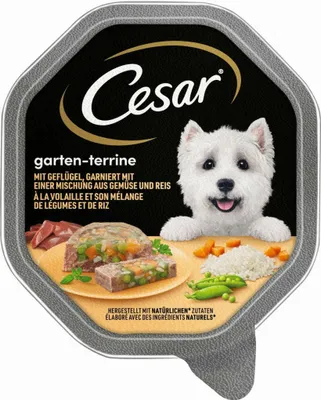 Produktbild von CESAR Garten-Terrine mit Geflügel, Gemüse und Reis, Schale, Adult, Geflügel, Reis, Gemüse, 150 g, Zuckerfrei