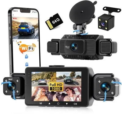 Productafbeelding van Dashcam Auto 4 Kanalen Voor/Achter 1080P Wifi Autocamera met 64 GB SD Kaart, 3 Inch IPS Display, Groothoek, IR Nachtzicht en G-Sensor
