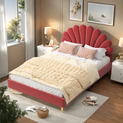 Produktbild von UnboxG Polsterbett 140 x 200 cm Bettgestell Einzelbett Doppelbett Designbett mit Lattenrost Holzlattenunterstützung Kopfteil in Rot, Bettrahmen
