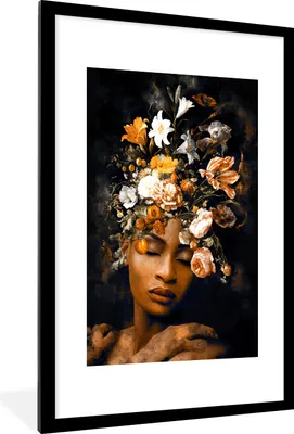 Produktbild von MuchoWow® MuchoWow® Gerahmtes Poster Blumen - Frau - Gold 60x90 cm - Poster mit zchwarzem Bilderrahmen - Dekoration - Wandposter Wohnzimmer - Hochwertig
