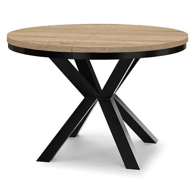 A round dining table with a wood-look top and a black X-shaped base, displayed on a white background.