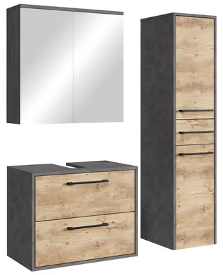 Image de Ensemble meuble sous-vasque Florence 60 x 35 cm – Chêne châtaignier et gris foncé – Meuble de salle de bain avec armoire de toilette et colonne