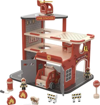 Image de jouets howa Caserne de pompiers en bois - Caserne de pompiers avec camion de pompiers, hélicoptère & accessoires 7017