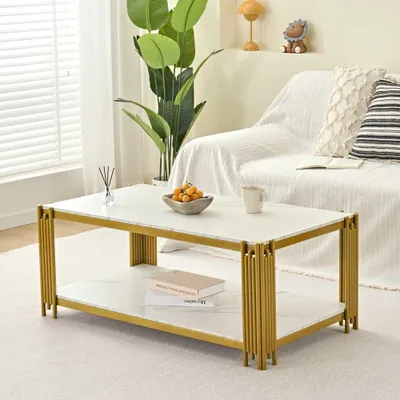 Produktbild von Moderner Couchtisch Weiß-Gold Marmoroptik Metallbeine Wohnzimmer Tisch Rechteck 114x64x46