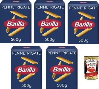 Produktbild von Barilla Pasta Klassische Penne Rigate n.73 aus hochwertigem Hartweizen immer al dente, (5 x 500 g) + Italian Gourmet polpa 400g