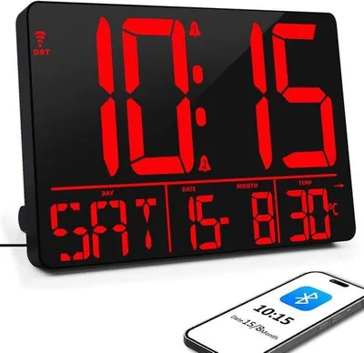 Image de Grande horloge murale numérique avec synchronisation automatique de l'heure, écran LED 13 pouces, horloge murale avec heure/date/température/minuterie/réveil (connexion Bluetooth)