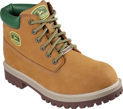 A single brown work boot with green accents and laces, shown from a three-quarter angle against a white background.