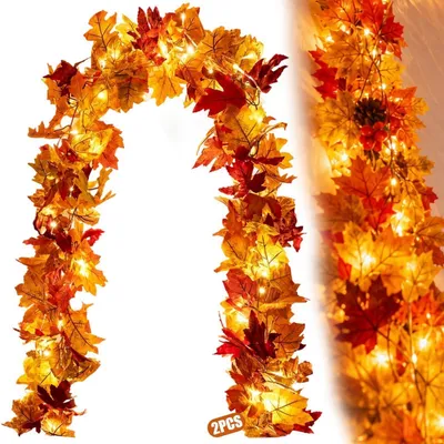 Image de Guirlande de feuilles d'automne, décoration, 2 pièces, 1,75 m, feuilles d'érable, 7 couleurs, pour intérieur et extérieur