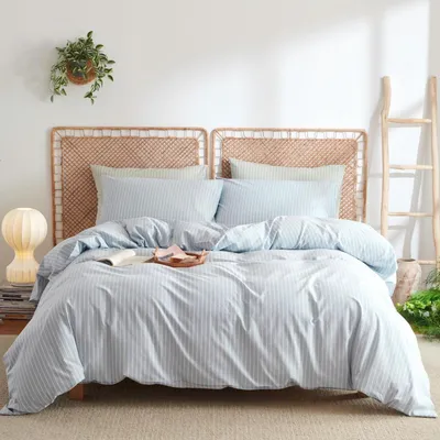 Produktbild von Bettwäsche Set 220x240 cm Baumwolle Blau Weiß Gestreift 1 Bettbezug 2 Kopfkissenbezüge