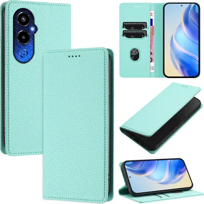 Produktbild von Litchi Leder Handyhülle für Tecno Pova 4 Pro Wallet Kartenfächer Standfunktion Hülle Türkis