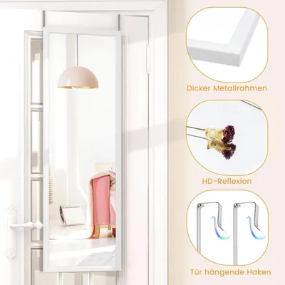 Immagine prodotto di Specchio a figura intera - Specchio da parete e da porta - Ganci di sospensione regolabili in altezza - Cornice in legno - Vetro - Bianco
