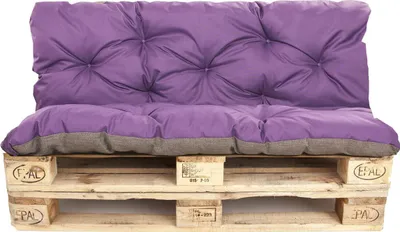 A purple and gray cushion set on a wooden pallet.
