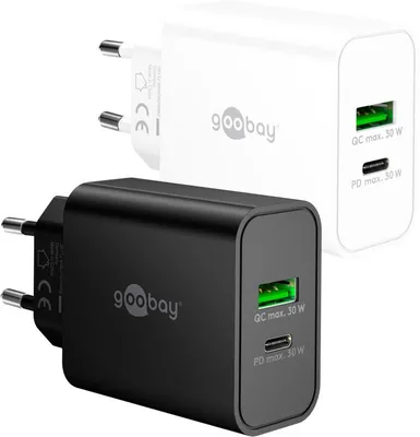 Produktbild von Goobay 30 W USB-C PD GaN Dual-Schnellladegerät weiß, 1x USB-C-Anschluss (Power Delivery) und 1x USB-A-Anschluss (Quick Charge)