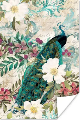Produktbild von MuchoWow® Poster Kunst - Pfau - Blumen 40x60 cm - Plakate für die Wand - Poster Babyzimmer