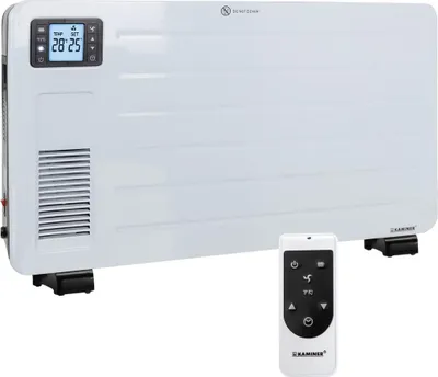 A white electric heater with a remote control.
