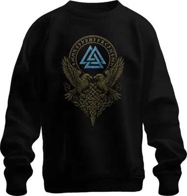 Produktbild von Wotansknoten Runenkreis mit Raben und keltischem Knotenmuster Uni Sweatshirt Pullover, Schwarz, XXL