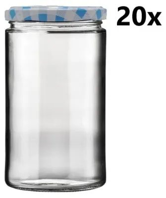 Obrázek produktu pro Zavařovací sklenice 720 ml ELEGANT čirá 20 ks VČETNĚ KÁRO MODRÝCH VÍČEK, Počet kusů v balení: 20