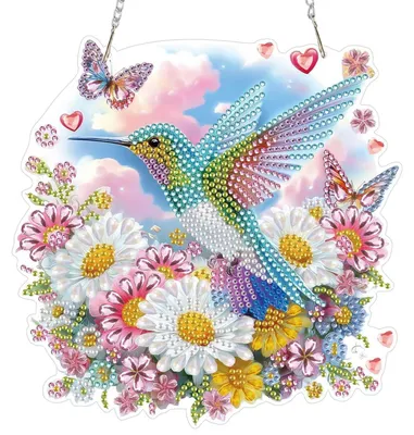 Produktbild von 5D Diamant Malerei Hängendes Ornament Kit Vogel Blumen Fensterbilder Beidseitig mit Kette 19.1×19.2cm Weiß Pink Blau