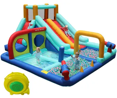 Produktbild von Zimilo Kinder Hüpfburg Wasserpark mit 450 W Gebläse, Doppelrutsche, Kletterwand, Wasserpistole, Springbrunnen, Boxpfosten, Oxford, nass und trocken