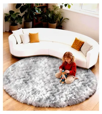Produktbild von Runder Teppich 100 cm Hellgrau Waschbar Rutschfest Hochflor für das Kinderzimmer Weich und Flauschig