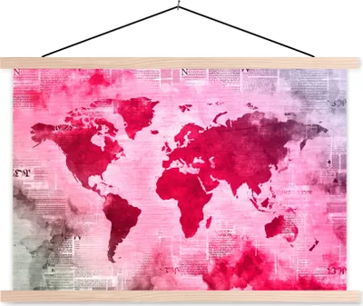 Produktbild von MuchoWow® Textilposter Weltkarte - Rot - Zeitung 120x80 cm mit holzfarbenen Rahmen - Aufhängeset