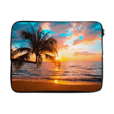 Produktbild von MuchoWow® Laptop Hülle 17 Zoll Laptoptasche Palme - Sonnenuntergang - Horizont - Strand - Meer - Tropisch - Zipper - Schutzabdeckung