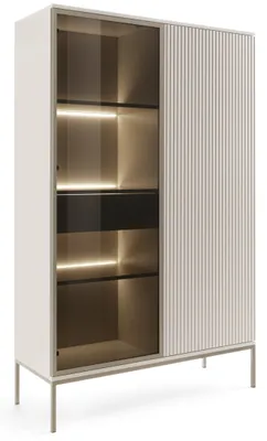 Produktbild von emporius-furniture, Vitrinenschrank, Beige, 1.66 m x 1.54 m x 0.38 m, Loft Stil, Glastür, Schublade, Lamellen, PUSH-TO-OPEN-System, MDF, gehärtetes Glas, Metall