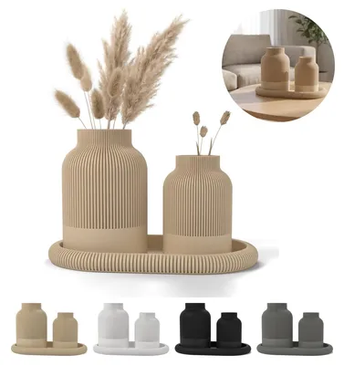 Immagine prodotto di Vasi rigati stile japandi 2 pezzi con vassoio ovale, set decorativo soggiorno – Beige