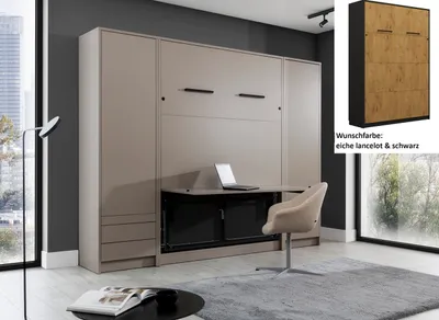 Produktbild von Schrankbett Wandbett Klappbett vertikal GN 140x200 mit Schreibtisch LED und 2 Schränken eiche lancelot und schwarz