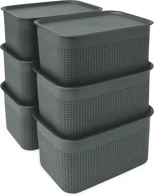 Image de Boîtes de rangement - Lot de 6 avec couvercle - Boîtes de rangement en plastique empilables, capacité 5 litres - 13 x 26,5 x 19 cm - Gris