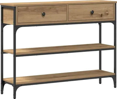 A console table with two drawers and two shelves, made of wood and metal.