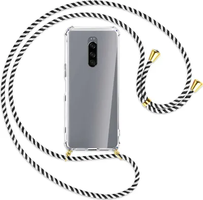 Produktbild von Handykette Backcover-Schutzhülle mit Band (Metall goldfarben) für Sony Xperia 1 - schwarz/weiß gestreift