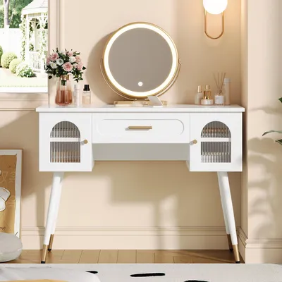 Image de Table de maquillage Merax avec miroir LED, 1 tiroir, 2 portes, espace de rangement, table de maquillage moderne, coiffeuse, table de cosmétiques, blanche
