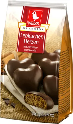 Produktbild von Weiss Lebkuchen Herzen mit Zartbitterschokolade ungefüllt 150g