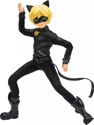 A doll of the character Cat Noir from Miraculous.