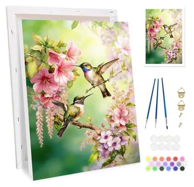 Produktbild von Malen nach Zahlen Set für Erwachsene mit Rahmen, Blume Vogel Motiv, Leinwand Kit 20x30cm